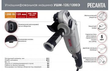 Углошлифовальная машина (болгарка) Ресанта УШМ-125/1200Э 75/12/4