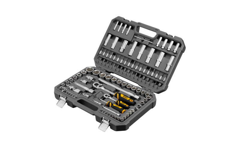 Набор инструментов, 1/2", 1/4", CrV, S2, пластиковый кейс, 109 предметов Denzel